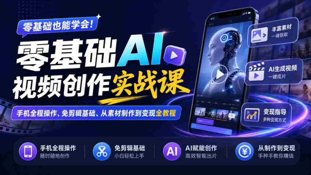 手机端零起点AI视频制作攻略：无剪辑入门，素材制作至盈利全流程教学-中创网_分享创业项目_助您在家赚钱
