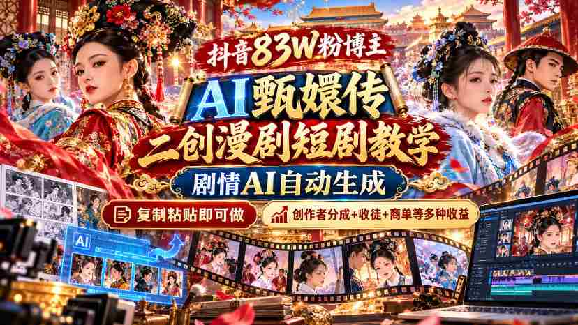 抖音83W粉博主AI甄嬛传二创漫剧短剧教学|剧情AI自动生成,复制粘贴即可做,各大平台创作者分成+收徒等多种收益