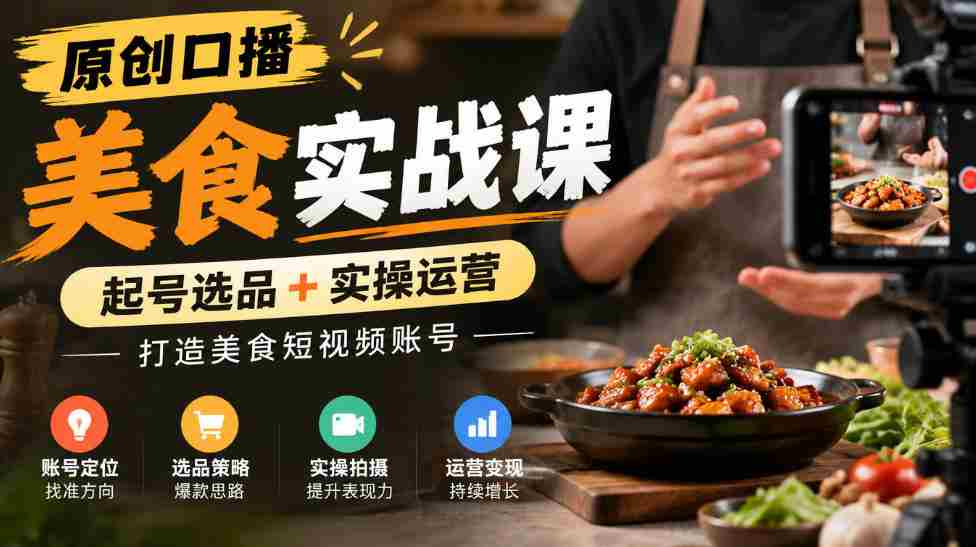 原创口播美食实战课,起号选品+实操运营,打造美食短视频账号