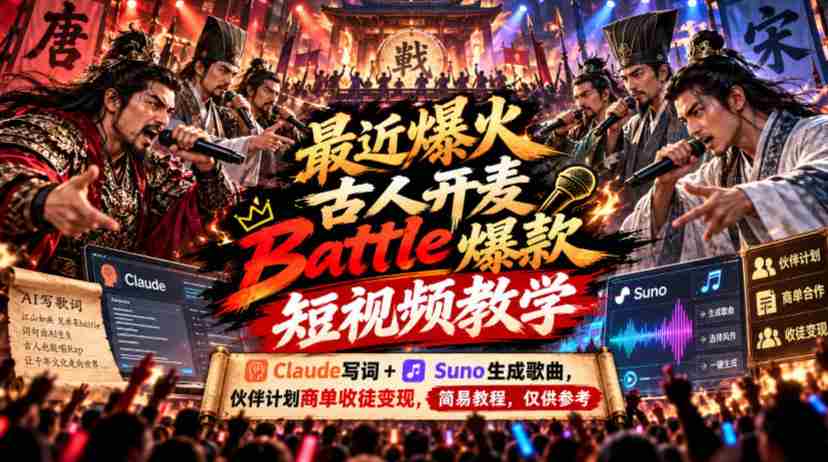 最近爆火古人开麦Battle爆款短视频教学,Claude写词+Suno生成歌曲,伙伴计划商单收徒变现,简易教程,仅供参考
