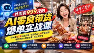 揭秘999元AI零食带货课程：67单/分钟销售秘诀+精选食品+AI开箱演示+超市抢购技巧+混剪去重+高效转化策略-中创网_分享创业项目_助您在家赚钱