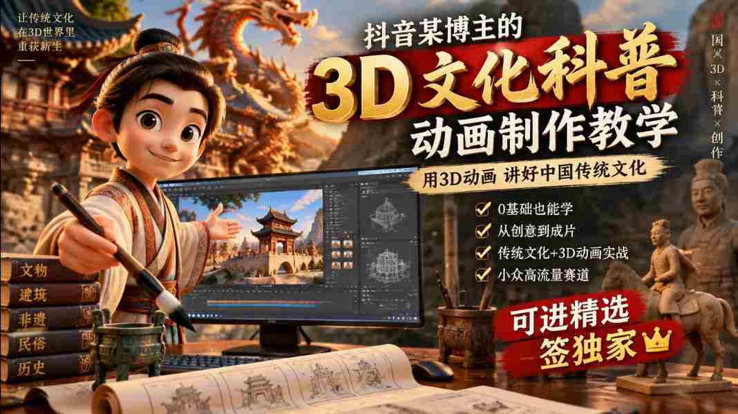 抖音某博主的3D文化科普动画制作教学，用3D动画呈现中国传统文化，可进精选签独家，单日收益1k+-中创网_分享创业项目_助您在家赚钱