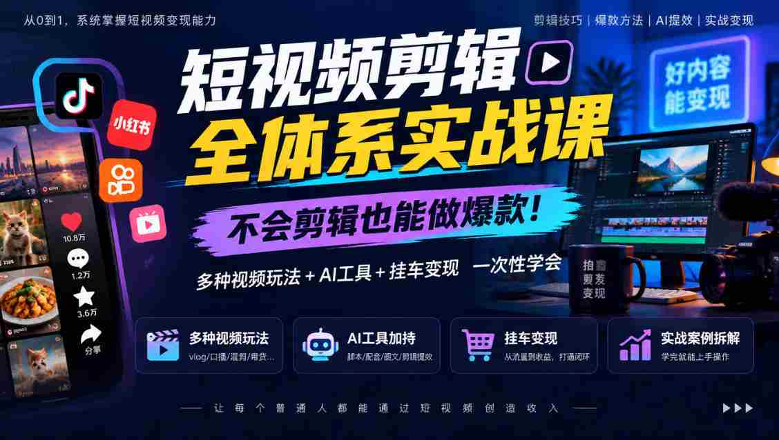 轻松掌握短视频剪辑秘籍，零基础打造热门内容，全方位学习视频制作、AI赋能及挂车盈利-中创网_分享创业项目_助您在家赚钱