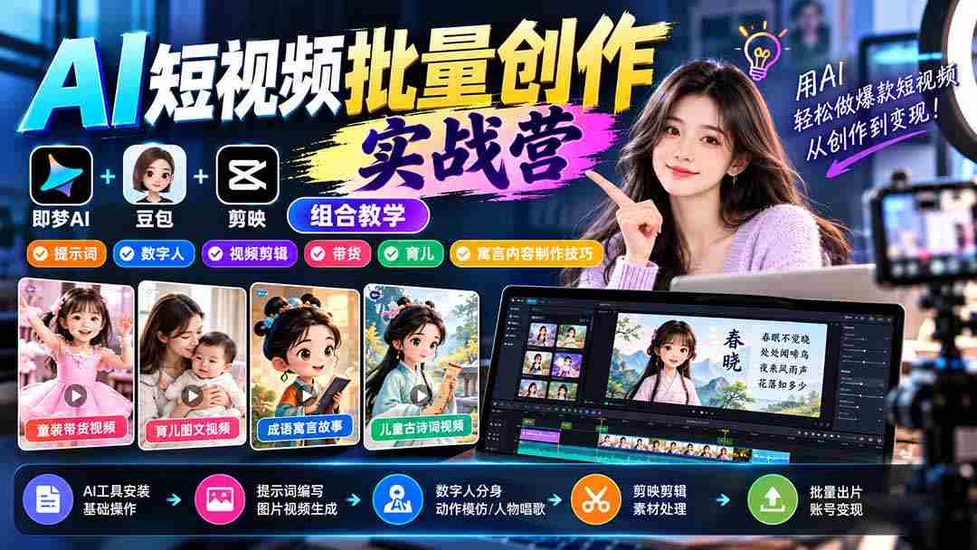 零水印】AI短视频制作大师班：梦工厂+豆包创意+剪映三合一，解锁提示词、数字人、剪辑、带货、育儿、寓言全攻略-中创网_分享创业项目_助您在家赚钱