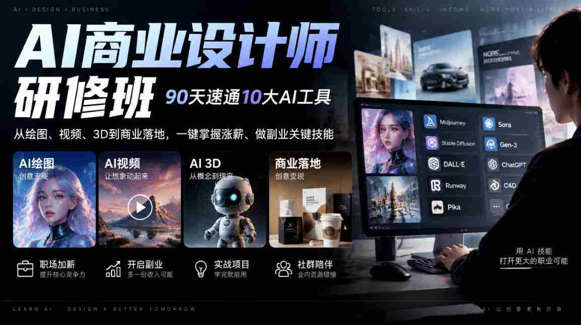 AI商业设计师研修班,90天速通10大AI工具,从绘图、视频、3D到商业落地,一键掌握涨薪、做副业关键技能